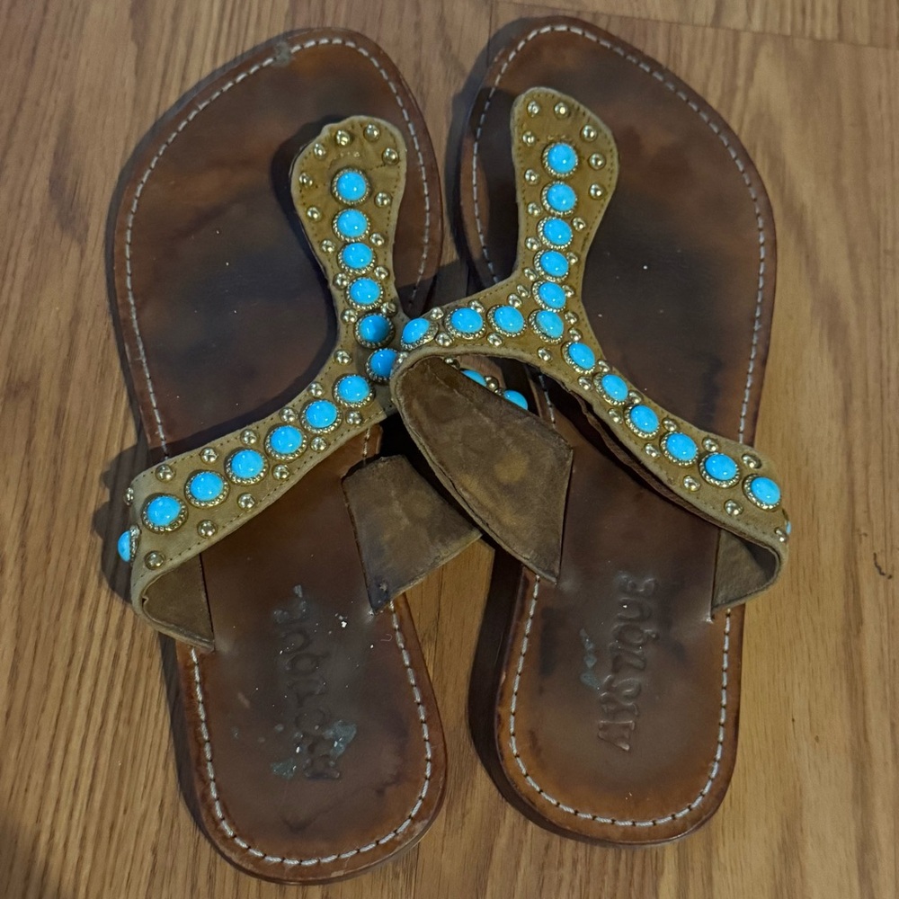 Mystique Boutique Brown & Turquoise Bohemian Antique‎ Y Thong Sandals Size 10